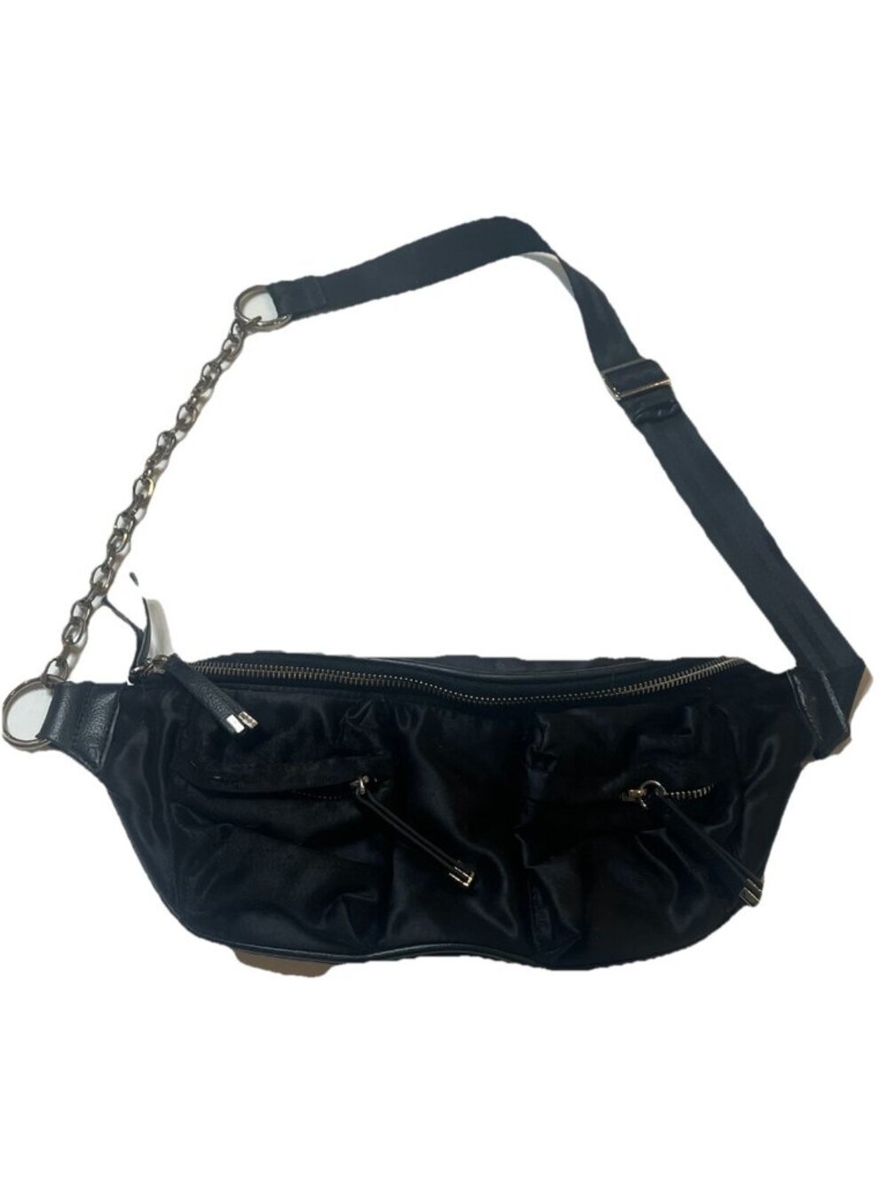 Zara Black Satin Baquette Shoulder Bag Y2K Chain Strap Nylon Zip Pocket Purse